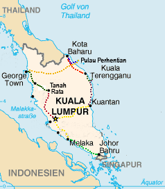 Reiseroute auf der Halbinsel von Malaysia